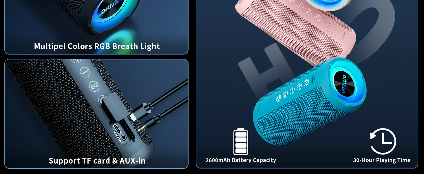 Ortizan Bluetooth Lautsprecher mit Licht, Musikbox Tragbarer Bluetooth Box mit IPX7 wasserdicht, Dualen Bass-Treibern, 30h Akku, Freisprechfunktion für Phone, Draußen, Beidhändig Schwarz – Detail 5