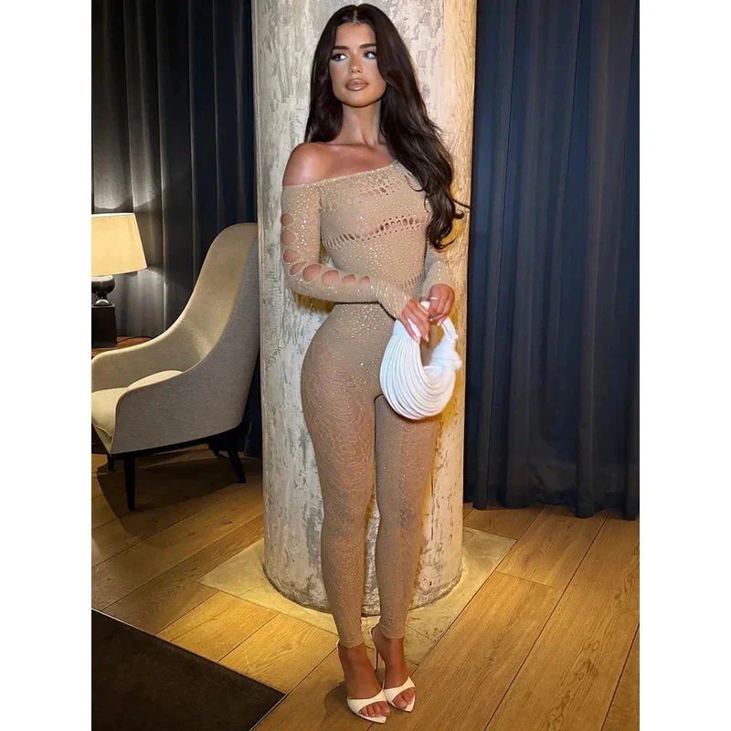 

Sifreyr Hollow Out Off Shoulder Jumpsuits For Women Sparkly High Stretch Long Sleeve Bodycon Party Rompers Basics Sexy Overalls