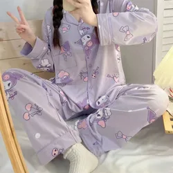 Sanrio Hello Kitty Kuromi Pajamas Suits Kawaii Cinnamoroll Melody Long Sleeve Shirt Pant Two Pieces Sets For Women