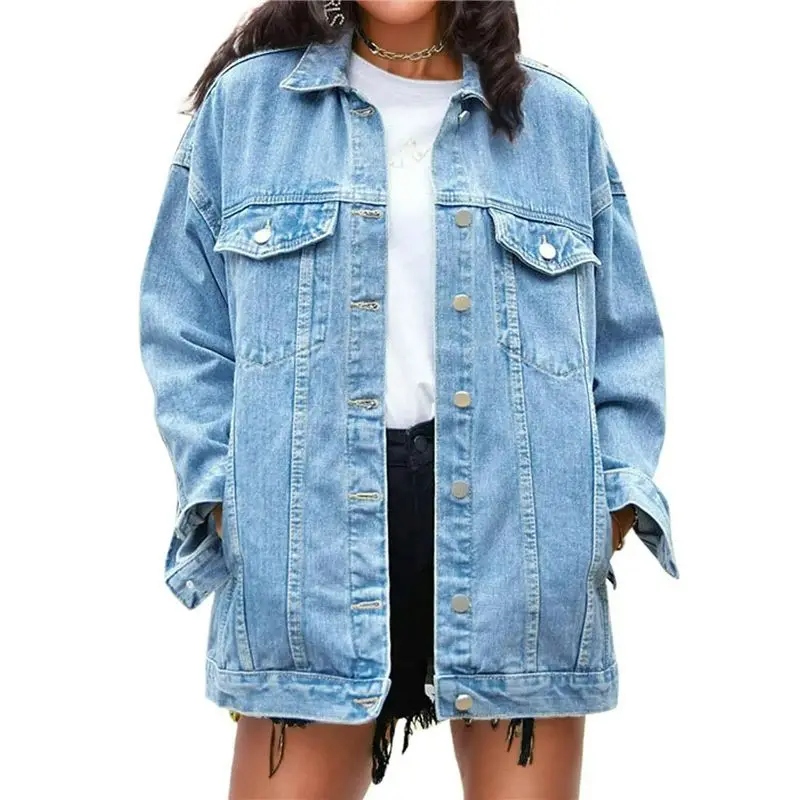 TKOH-Veste en jean mi-longue surdimensionnée pour femme, manteau de motard en jean