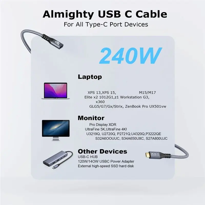 T23C USB Extension Cable 4K Cable Type-C Male To Female Extension Ultra HD 20Gbps 240W Data Quick HD Transmission Line
