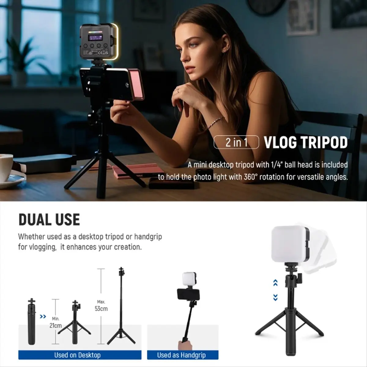 

Верхний магнитный RGB-видеосвет с настольной подставкой-штативом, управляемая через приложение, перезаряжаемая батарея, улучшенное освещение для фотосъемки