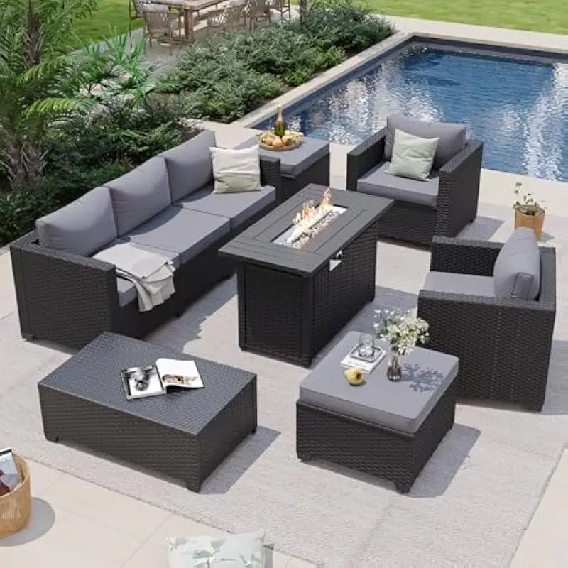 Outdoor sectional set with integrated fire pit table, 7-piece modern grey rattan ensemble featuring ergonomic seating, weatherpr