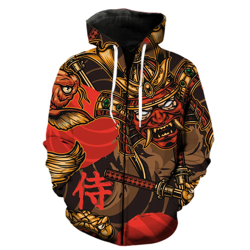 Ghost Warrior Samurai Dragon Zipper Hoodie Men Harajuku Cool 3D Printed Carp Sweatshirt Casual Spring Long Sleeve Hoodies