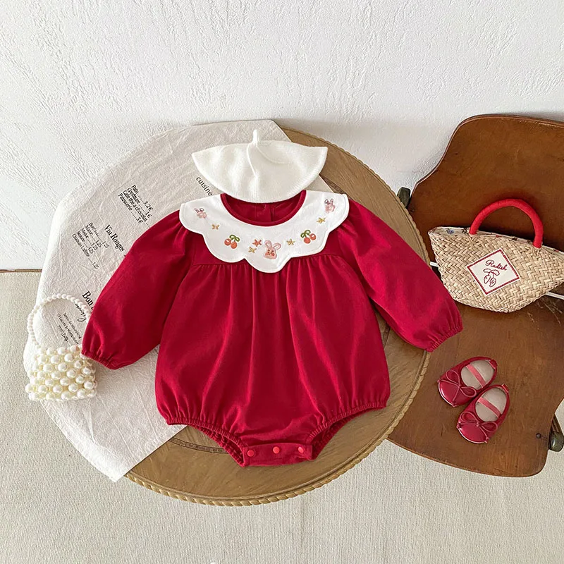 0-3Y Baby Rompers Spring Autumn Long Sleeve Embroidery Romper for Toddler Infant Princess Red Jumpsuit Bodysuit Children Outfits