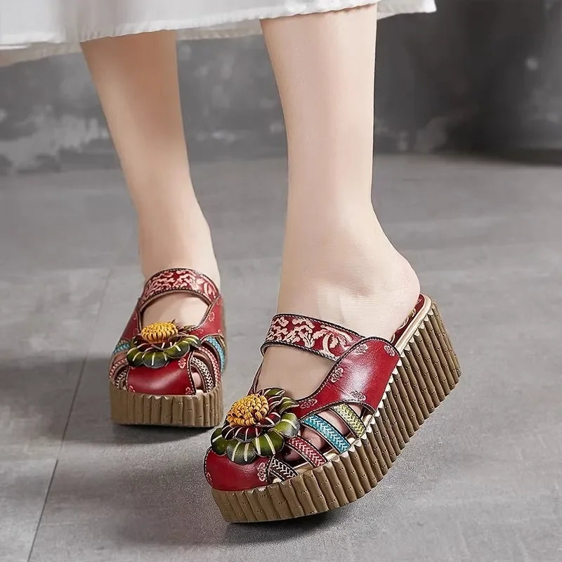 GKTINOO 2024 Wedge Slides Shoes Women Cover Toes High Heels Flower Sandals Summer Female Genuine Leather Platform Slippers