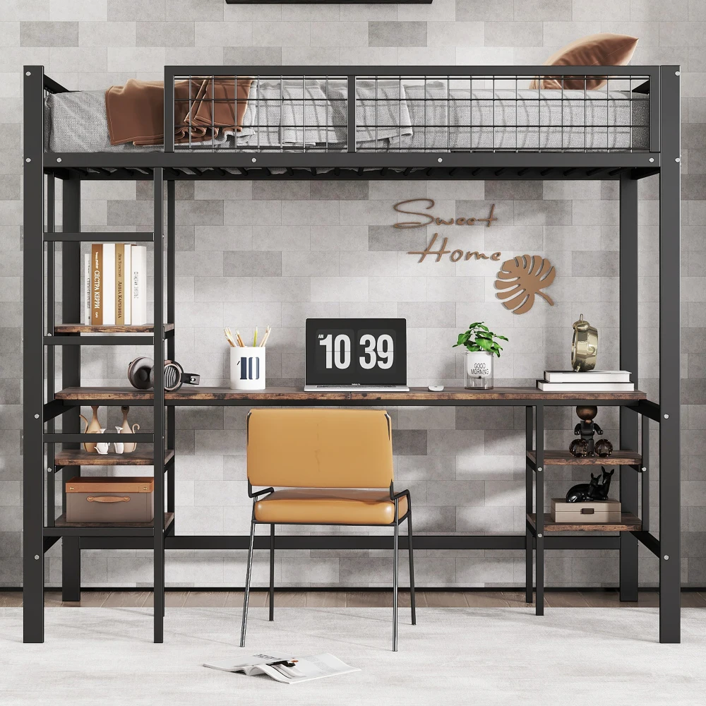 Cama de hierro, litera, apta para niños y adolescentes con mesa y estante, escalera de cuatro peldaños, hierro+tablón de partículas