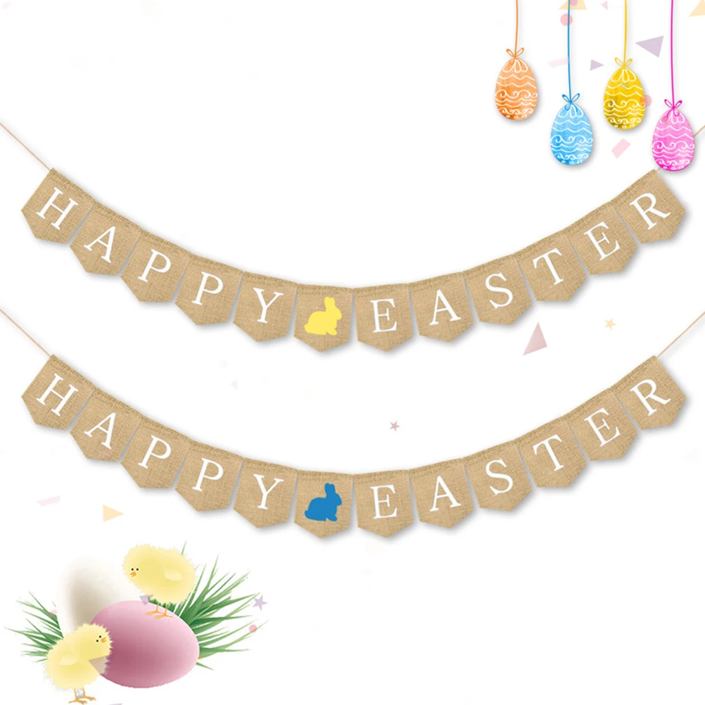 

Happy Easter Banner Rabbit Sign Flags 17x13cm Pre Strung 25m Brown Burlap Easter Decor Photo Props Bunting