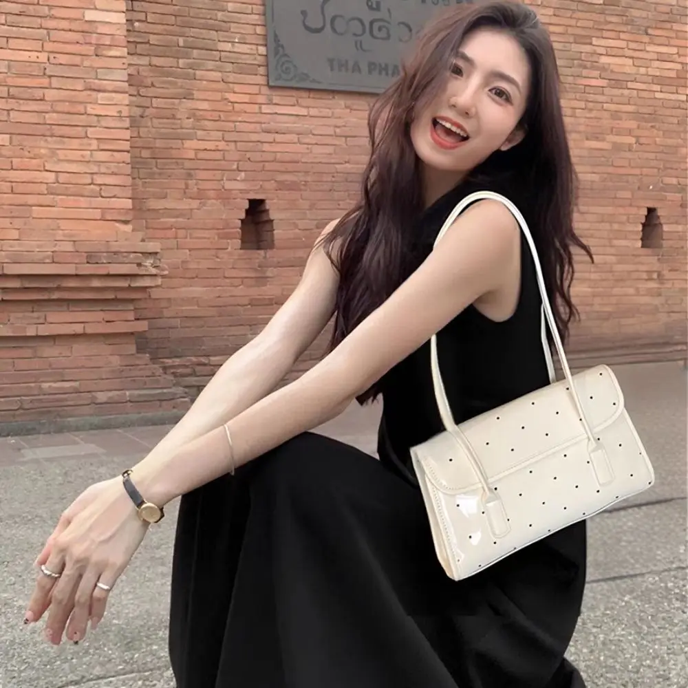 

French Polka Dot Shoulder Bag Elegant Smooth Patent Leather Tote Bag Waterproof Handbag Oil Wax Leather Underarm Bag Daily