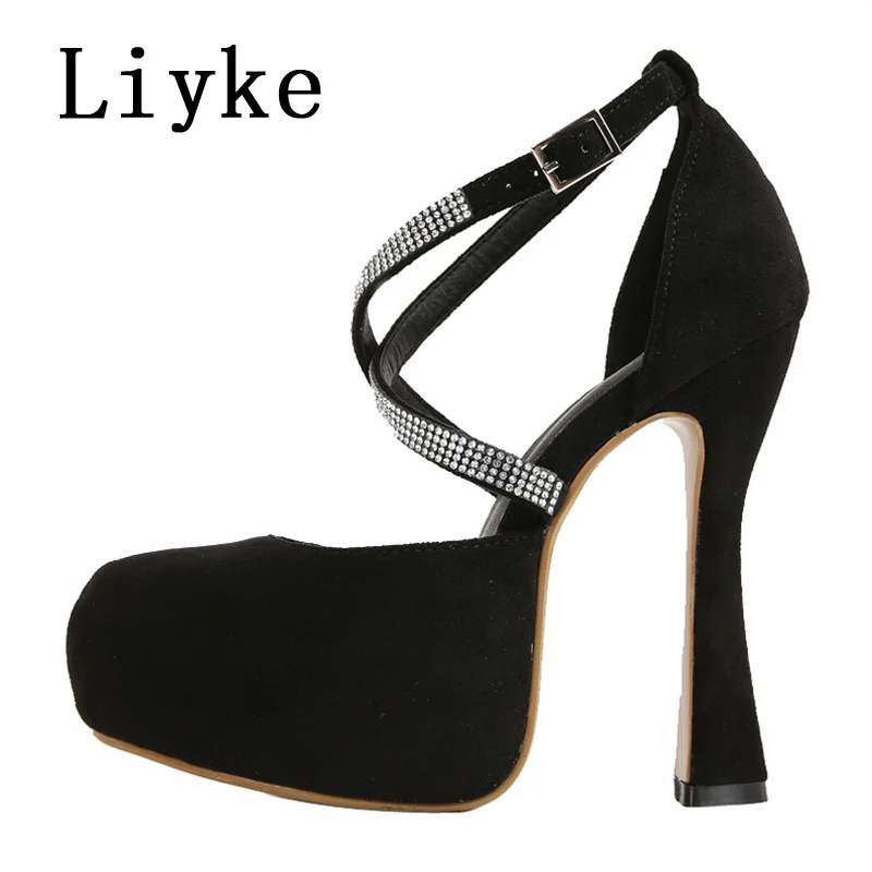 Liyke Platform Pumps Buckle Strap Crystal Women's Strippers Sandals Extreme High Heels Gladiator Ladies Pole Dance Shoes