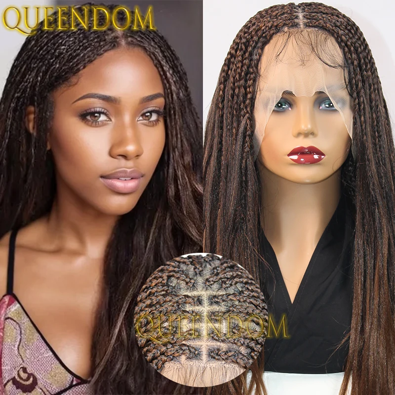 Synthetic Box Braids Ombre Brown Wig Full Lace Crochet French Curl Braid Goddess Wig 28 Inch Cornrow Braided Wig With Curly Ends