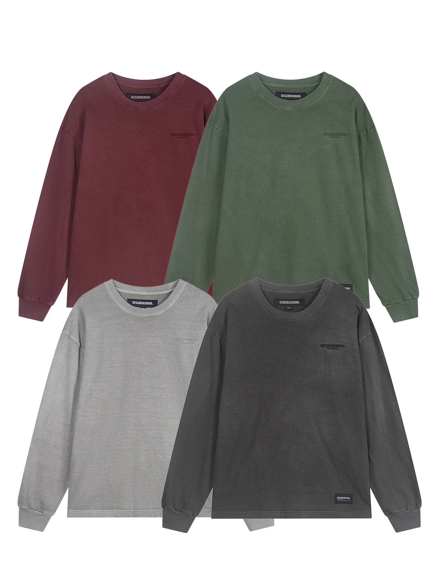 تي شيرت NBHD Batik القديم المغسول بأكمام طويلة، تي شيرت سفلي برقبة دائرية