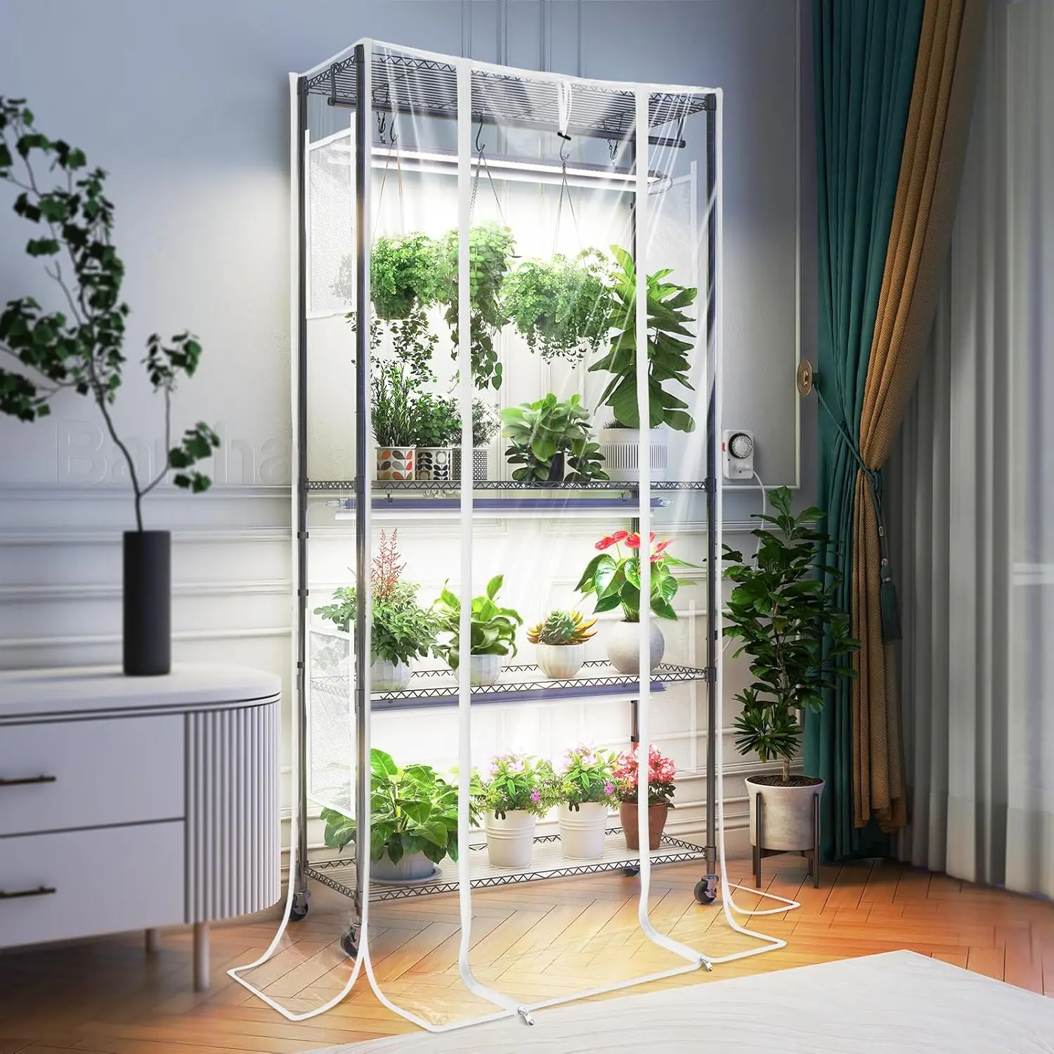 Barrina Indoor Greenhouse With Grow Light, 4-Tier Metal Plant Stand With Zippered Eva Cover And Wheels, Dimmable Led Full