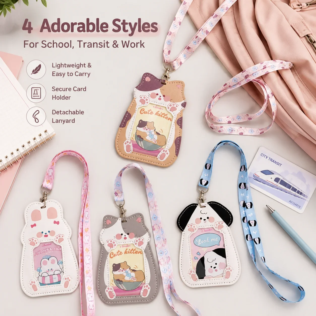 Cat Hollow Design Transparent Card Pouch, Necklace ID Holder for School, Ins Style Student Card Case