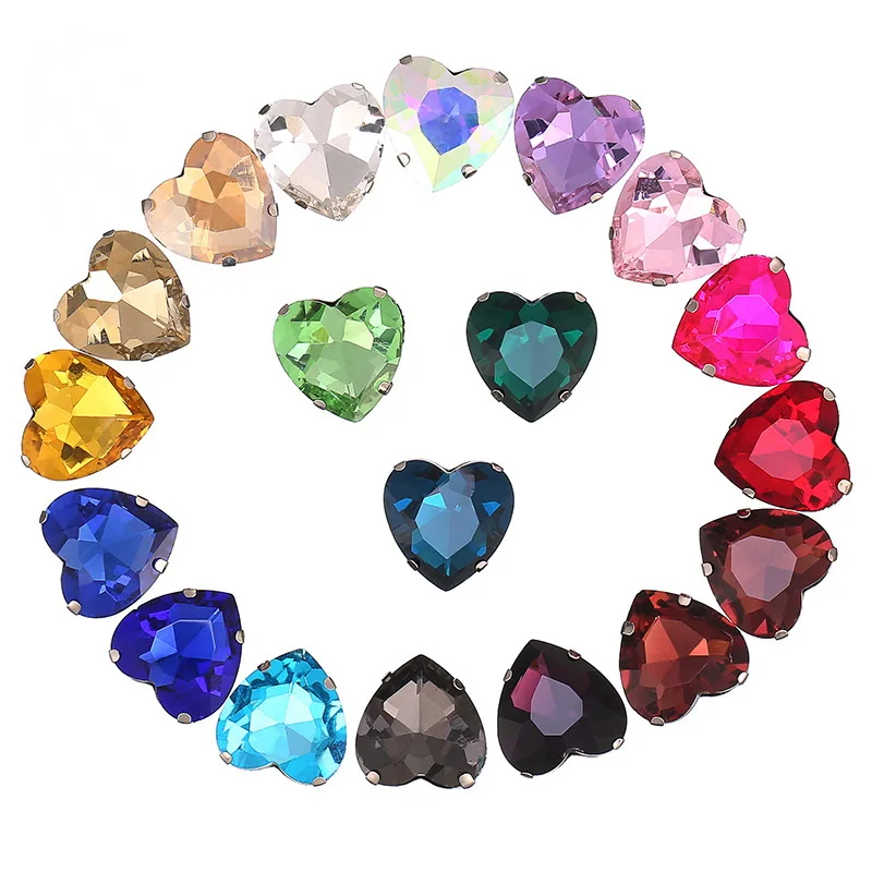 Heart Shape Glass Rhinestones With Claw Sew On Crystal Stone Strass Diamond Silver Metal Base Crystals For Needlework