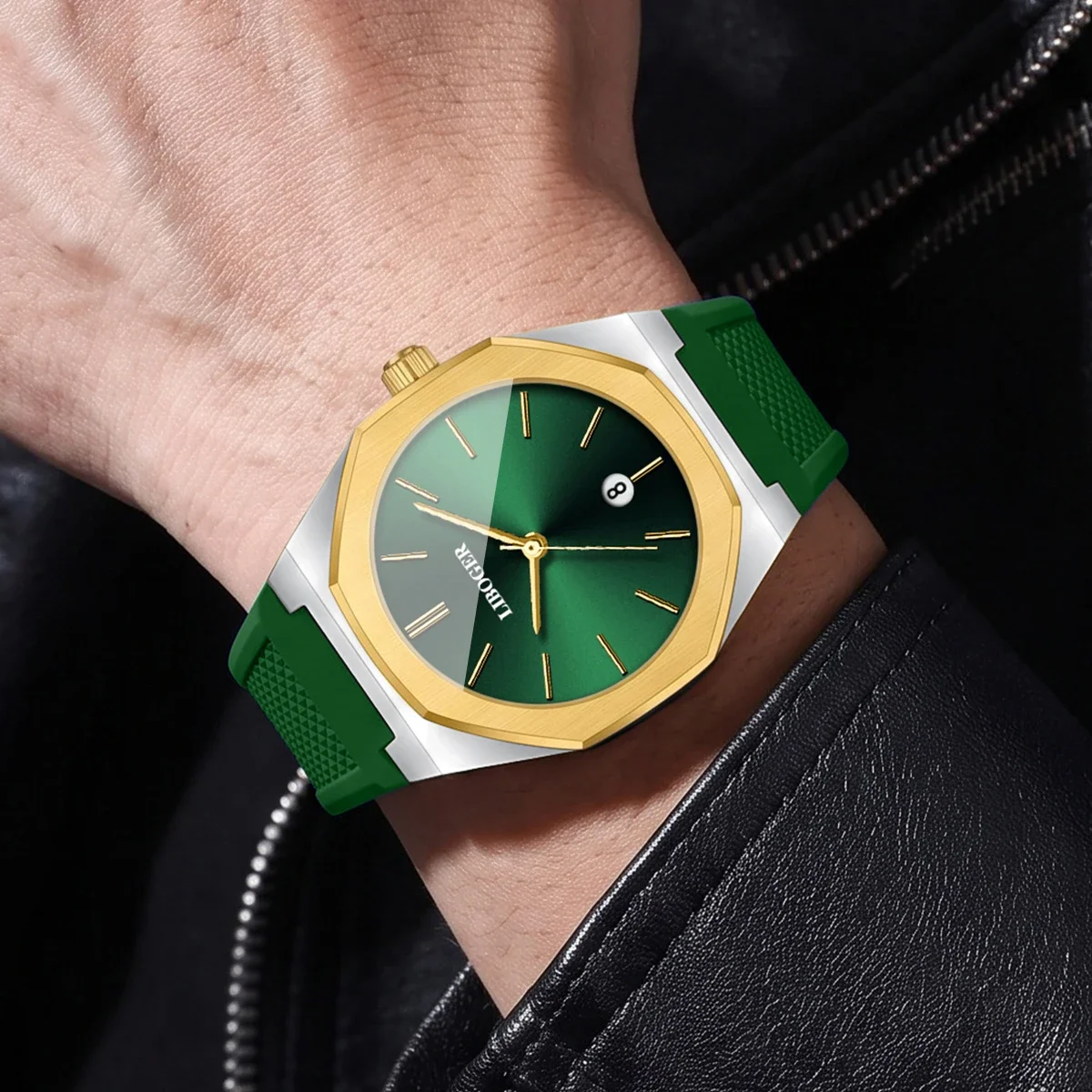 Fashion Gold Octagonal Case Men Calendar Quartz Watch Silicone Strap Sports Male's Wristwatches Relogio Masculino（Without Box）