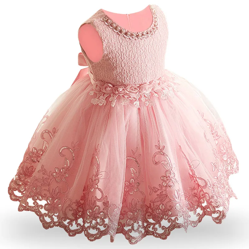 Infant Baby Flower Dress Toddler Girls Sleeveless Pearl Princess Pageant Birthday Lace Wedding Dress Children Formal Gown 6-24M