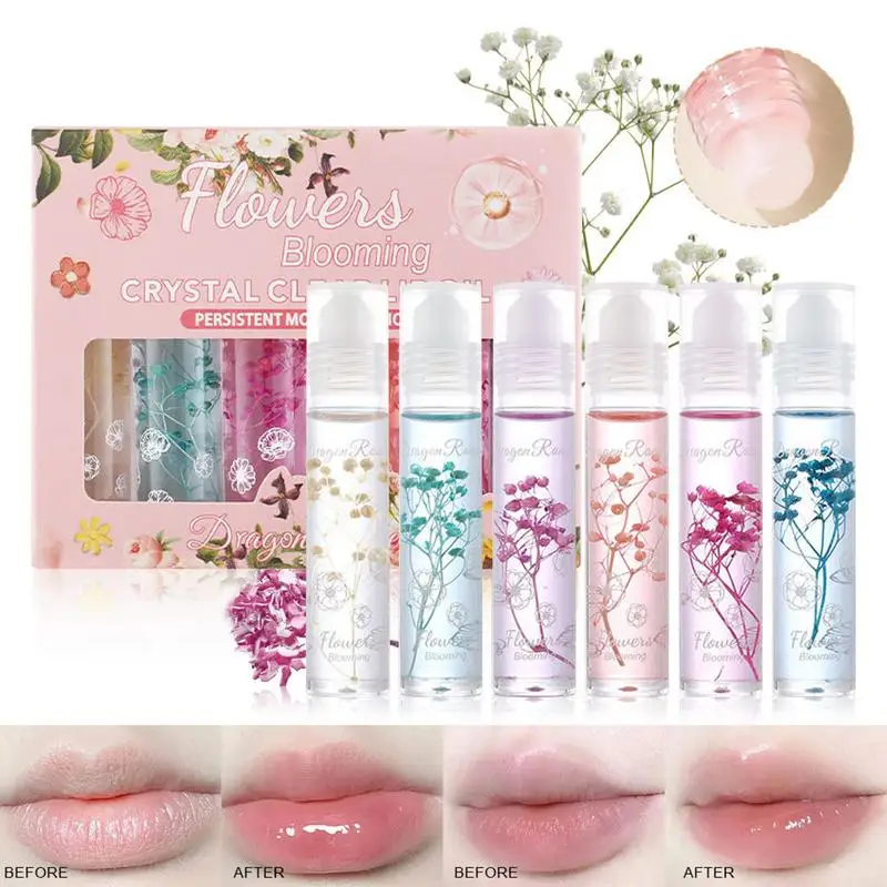 6pcs Moisturizing Glitter Lip Gloss Mirror Water Glitter Lip Gloss Glossy Moisturizing Transparent Lip Oil Lip Plumper Makeup