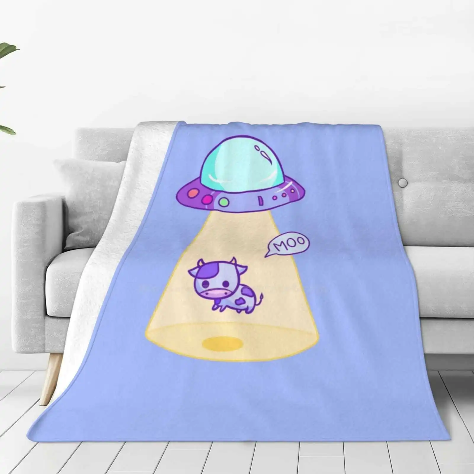 Abduction Fashion Soft Warm Throw Blanket Moon Cow Space Alien Ufo Abduction Mars Kawaii Cute Pastel Light Yellow Purple Lilac