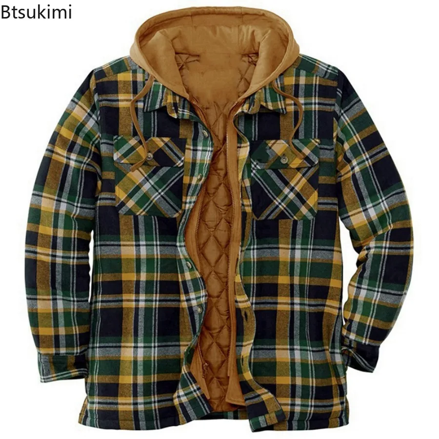 New 2025 Men's Thick Warm Jacket Parkas  Winter Harajuku Plaid Hooded Zipper Long Sleeve Basic Casual Jackets Coat  Male Jackets