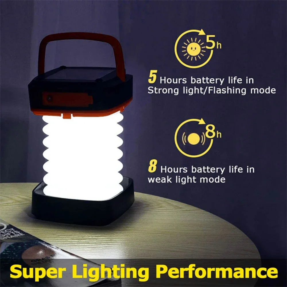 Solar/USB Fast Charging Portable Lantern Foldable Camping Light Waterproof Tent Lamp Power Bank Function Outdoor Hanging Lights