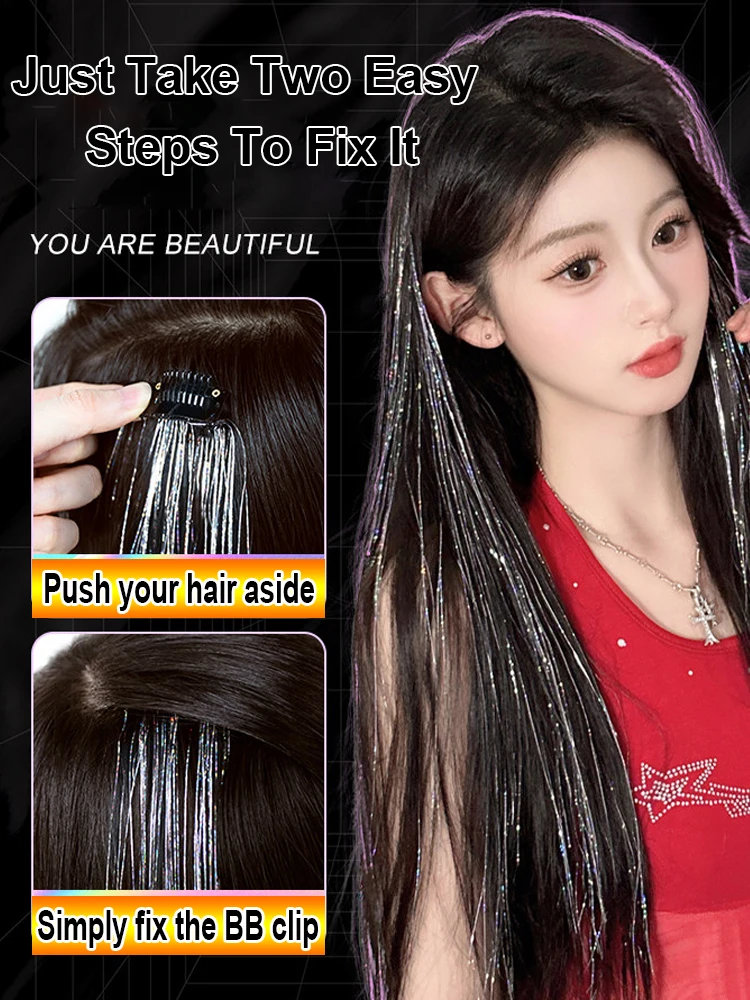 Image 4: Extensions de cheveux synthétiques laser teintes à l'oreille de 20 pouces avec clips BB sans couture, postiche brillant en tinsel pour filles