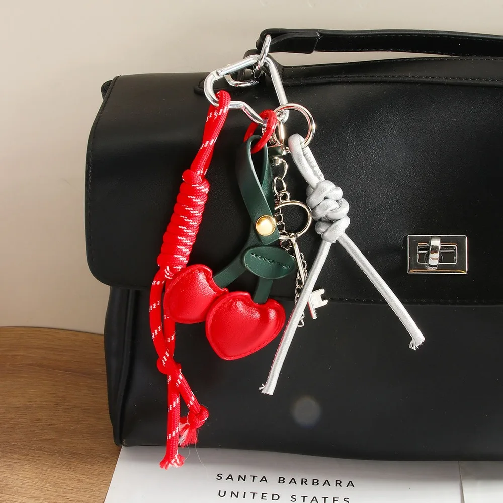 Cherry Bag Charm Keychain Double Cherry Layered Multi Charm Knotted Cord Hanging Purse Handbag Accessory Fashion Gift For Women
