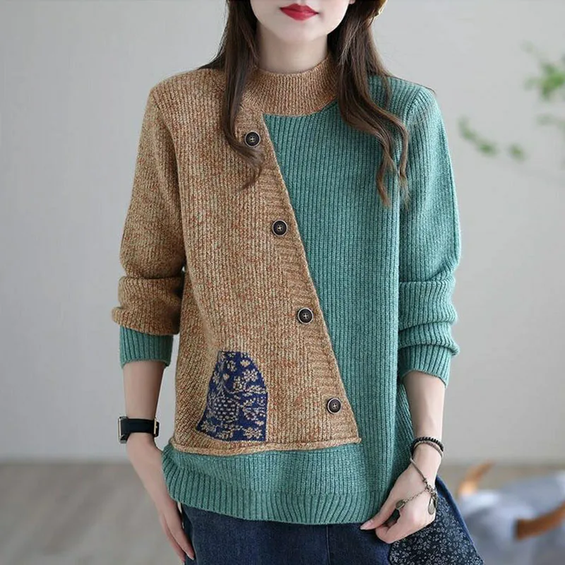 Streetwear Fashion Women Y2K Pullovers Long Sleeve Autumn Winter Button Patchwork Loose Vintage Knitted Casual Jumpers Sweaters