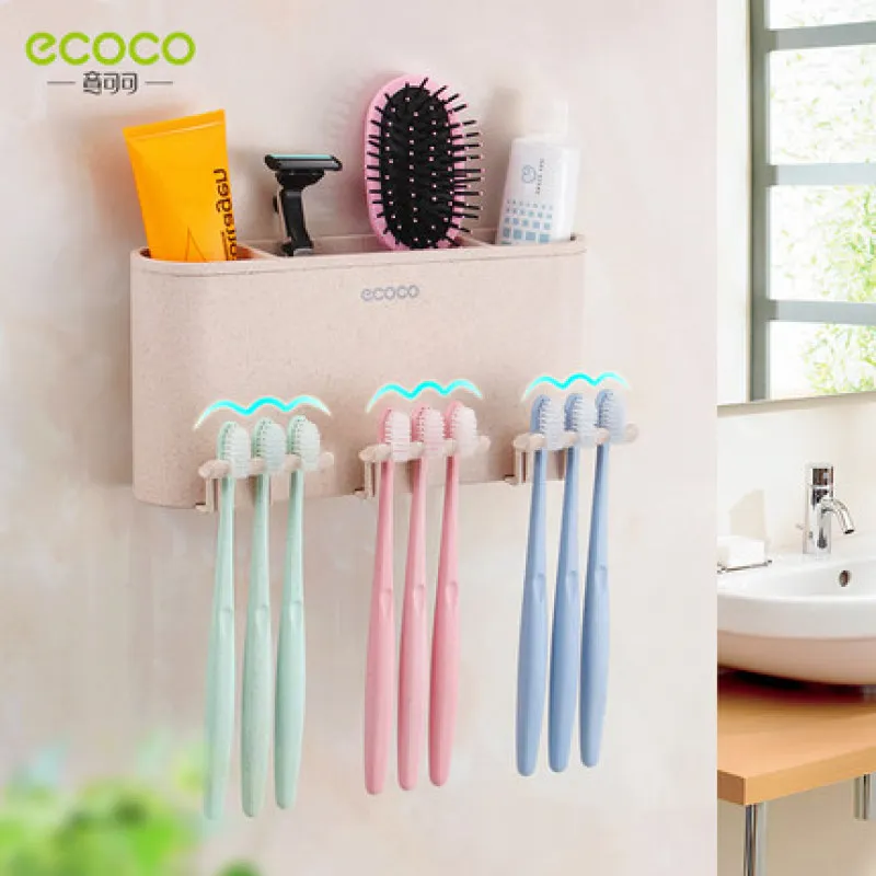 ECOCO Automatic Toothpaste Squeezer Bathroom Mouthwash Cup Toothbrush Holder Toiletries Rack Couple Set Family Shelf Wall Mount