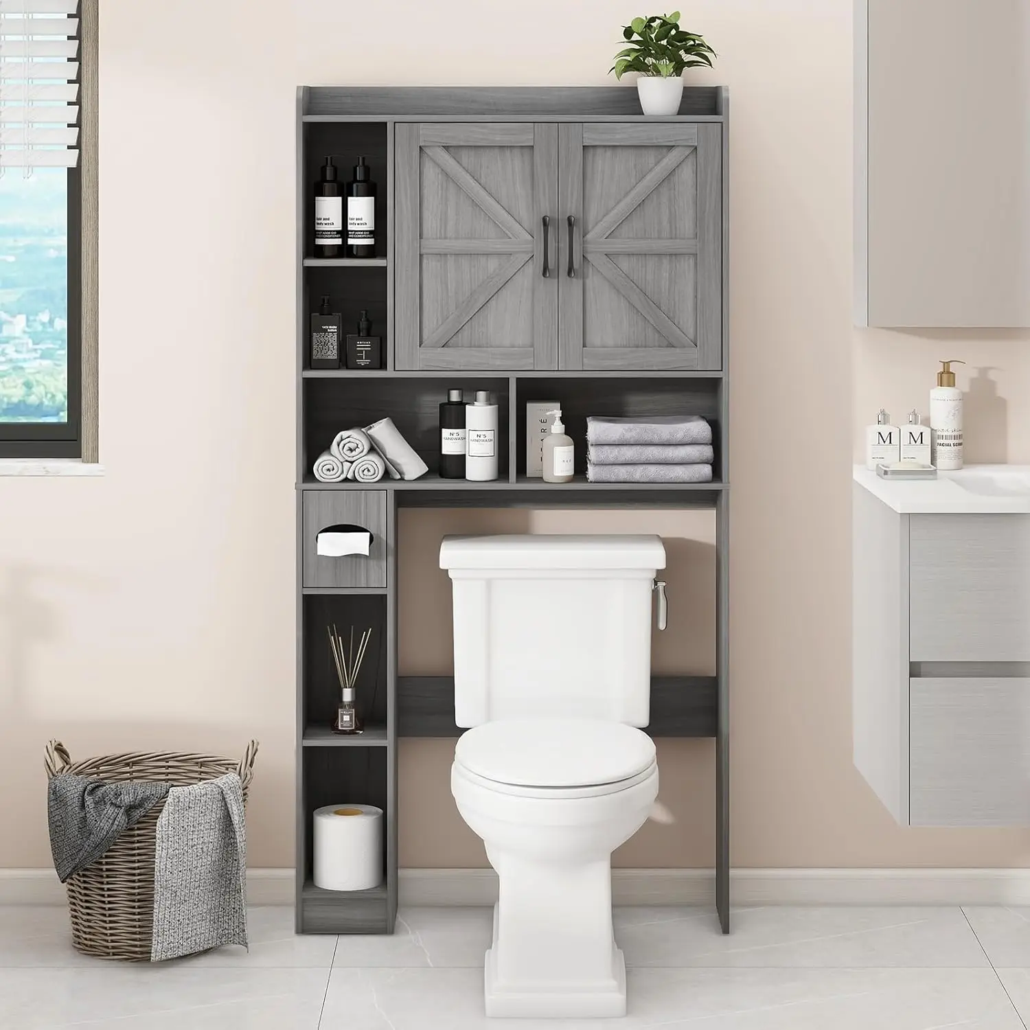 

Over The Toilet Storage Cabinet, Farmhouse Style with 2 Barn Doors, Toilet Paper Holder, Space-Saving for Bathroom & Laundry
