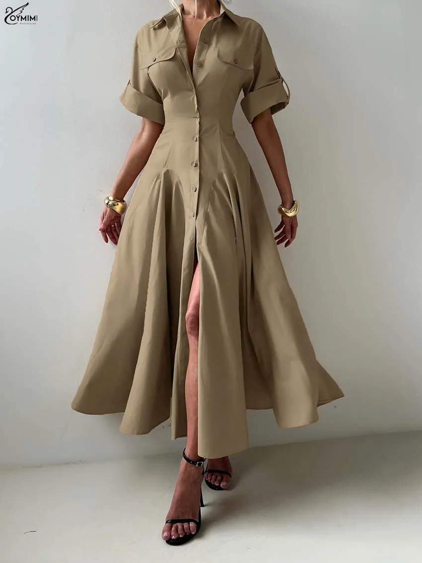 

Oymimi Elegant Khaki Cotton Dresses 2025 Woman Fashion Lapel Short Sleeve Pockets Dresses Autumn Single Breasted Loose Dress