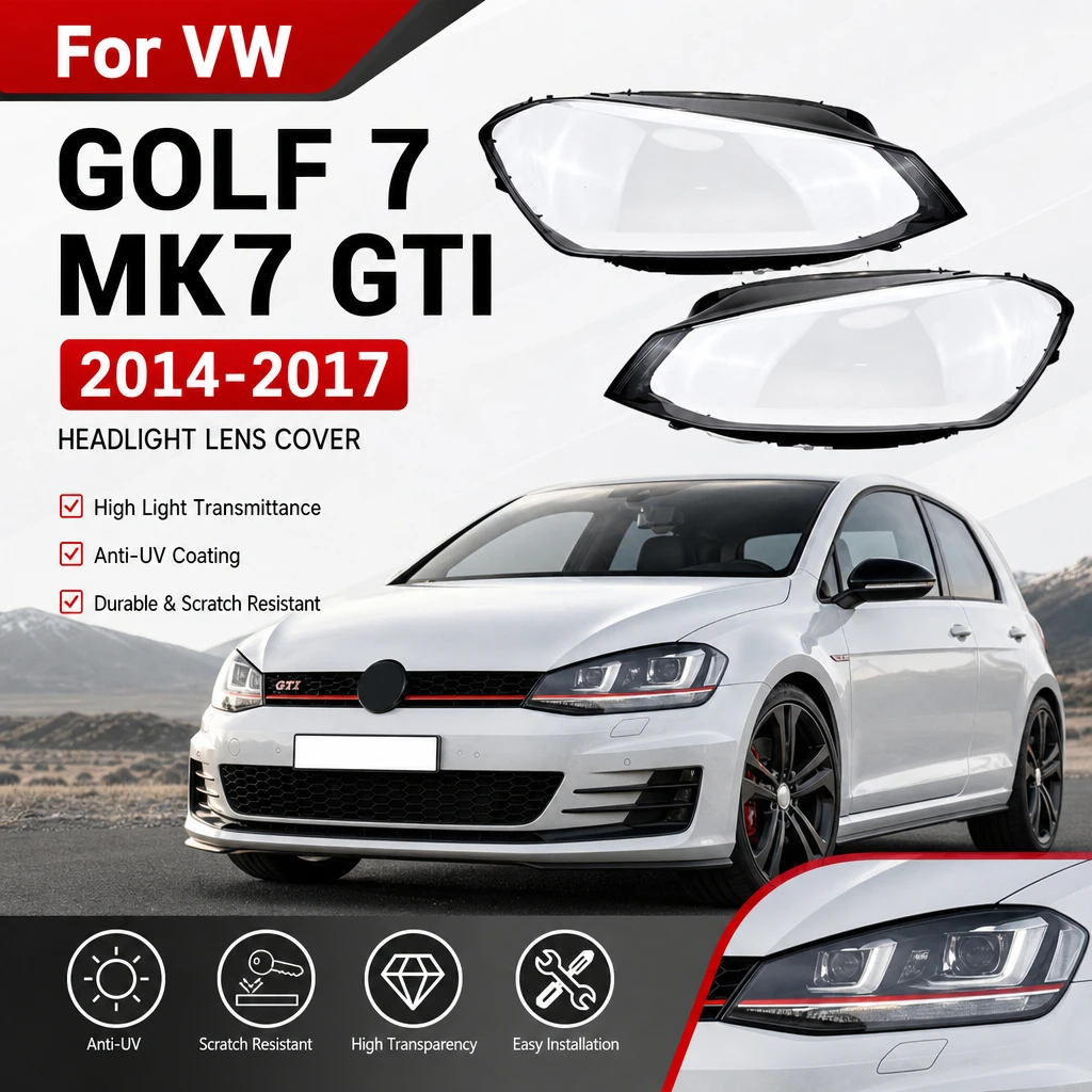 Headlight Lens Cover For VW Golf 7 MK7 GTI 2014-2017 2Pcs PC High Transmittance Anti-UV Scratch Proof Durable Direct Replacement