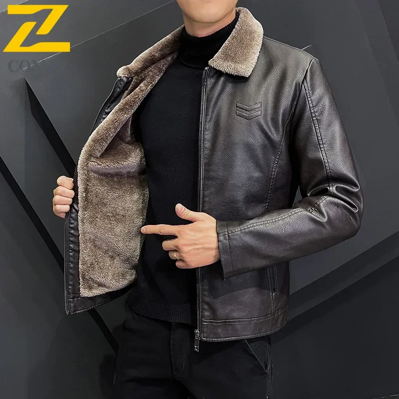 Winter Fashion Warmth Thickened Leather Jacket Lapel Solid Zipper Design Plus Size 4XL-M WorkCoat Men\'s Leather Jacket