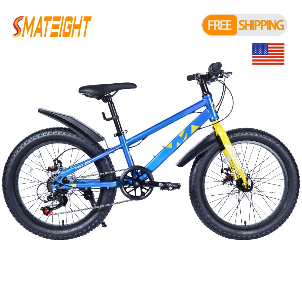 

20 Inch Fat Tire Kids Mountain Bike Steel Frame Shimano 7 Speed Dual Disc Brakes Suspension Fork Bicycle for Beach Snow Bike