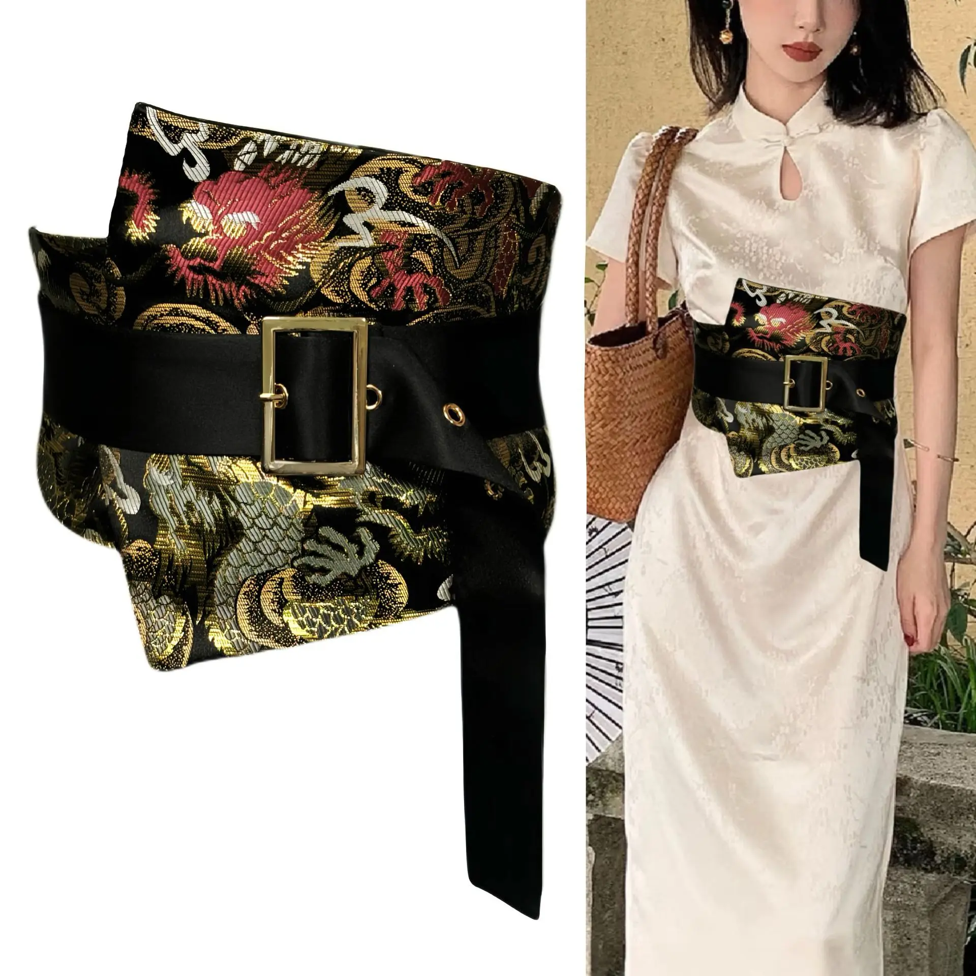 Traditional Japanese Kimono Yukata Obi Belt Crane Floral Printed Haori Belt Brocade Jacquard Waistband Shirt Decor Accessories