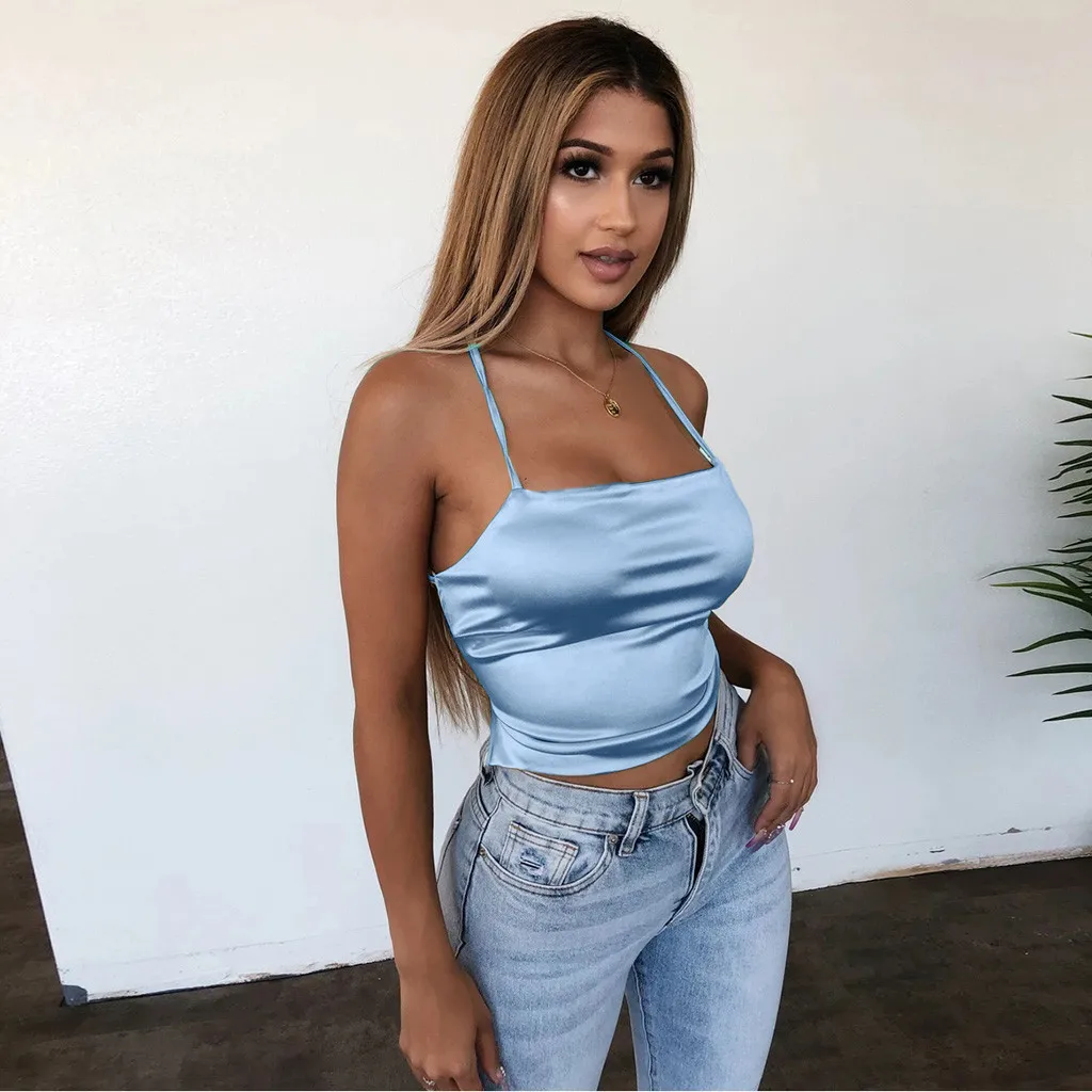 Women'S Sexy Tank Top Imitated Silk Fabric Lace Up Camis Slim Solid Spaghetti Strap Fit Female Backless Tops Camisole Party Club