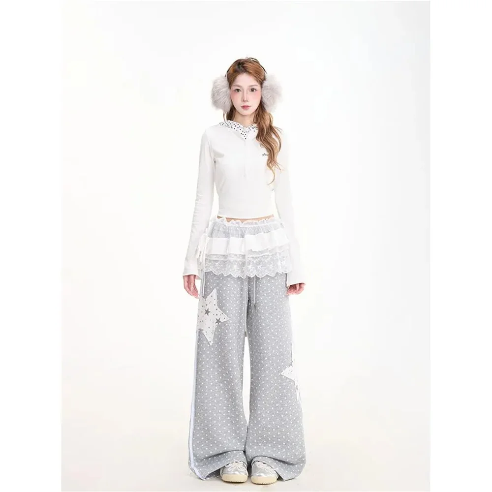Gray Polka Dot Wide Leg Sweatpants Women Star Patch Casual Loose Joggers High Waist Striped Side Streetwear Floor Length Trouser