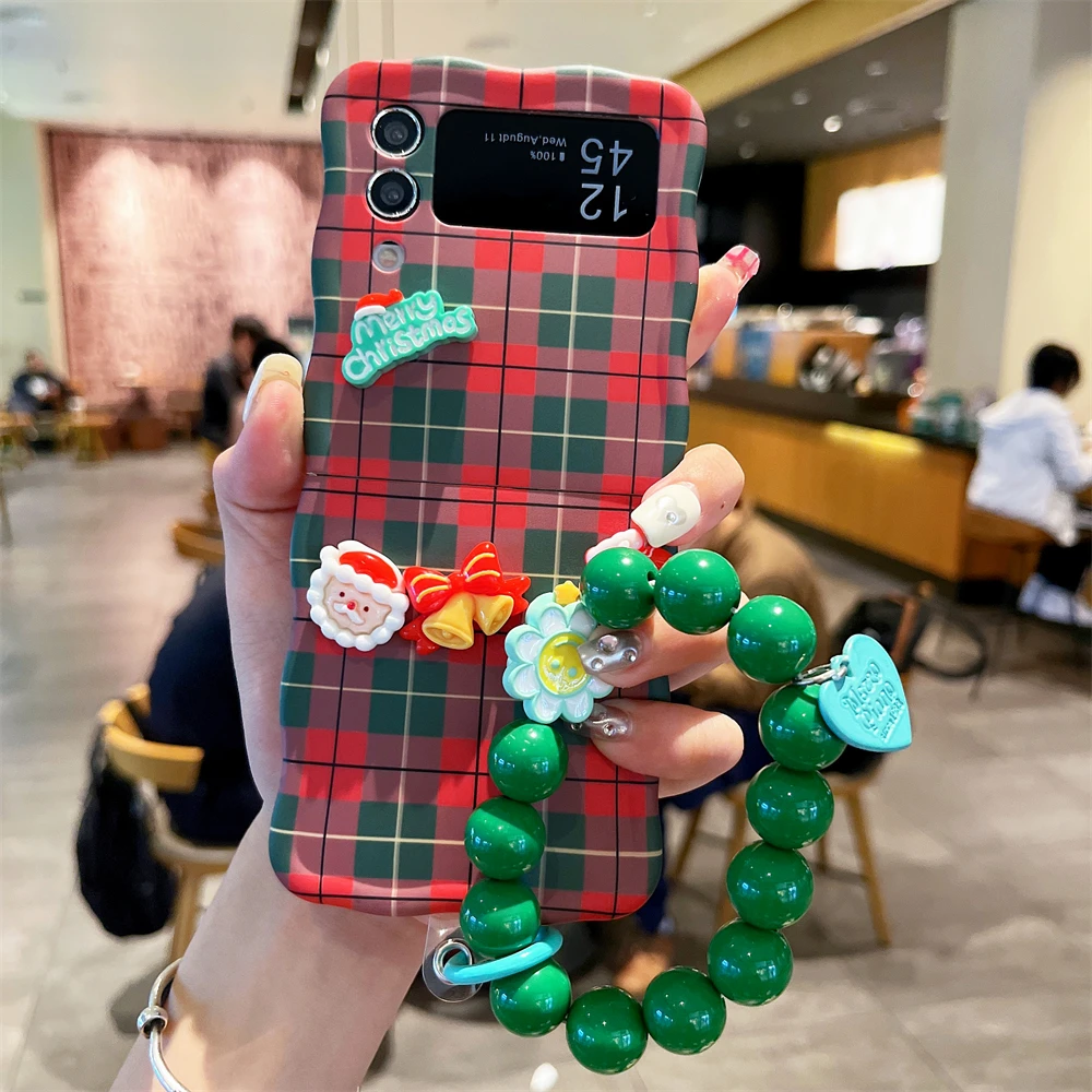 Cute Santa Claus Christmas Tree Rabbit Flower Bracelet Phone Case For Samsung Galaxy ZFlip3 Z Flip4 Z Flip5 Christmas Hard Cover