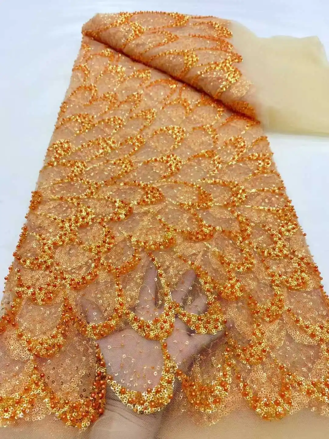 

Embroidery African Handmade Heavy Beaded Mesh Lace Fabric 2025 French Sequin Lace Fabric Ladies Nigerian Party Evening Dressesy