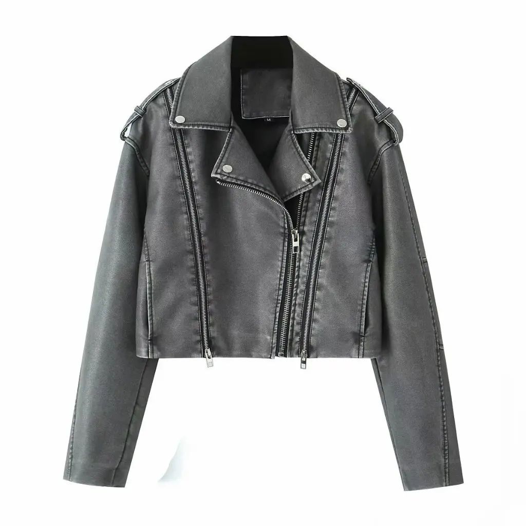 Jaqueta de couro curta feminina outono inverno lapela oblíqua zíper estilo topo por 2024 desejo moda outerwear para senhoras
