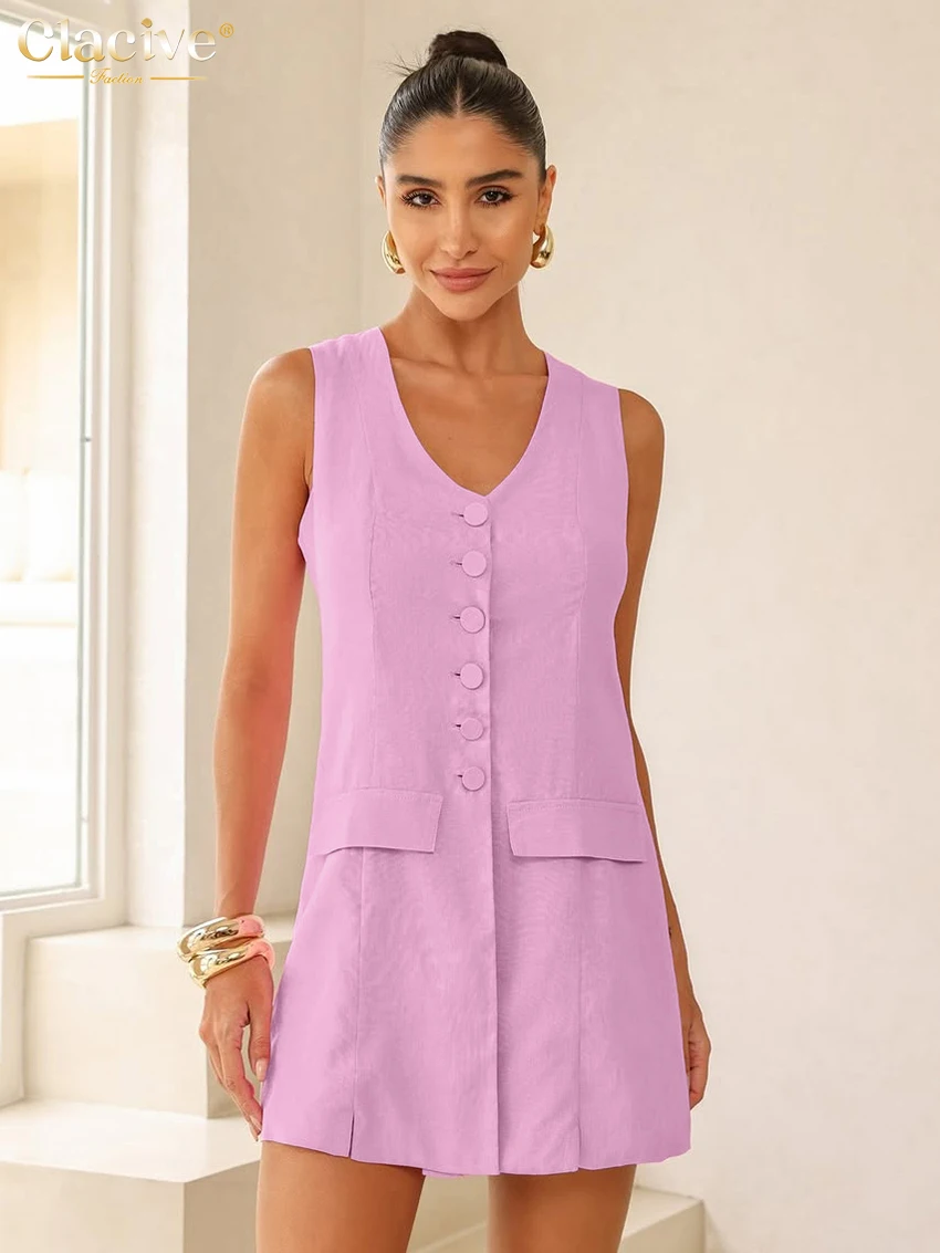 

Clacive Summer Loose Pink Cotton Shorts Set 2 Piece Woman 2025 Fashion Sleeveless Tank Top With High Waist Shorts Set Female