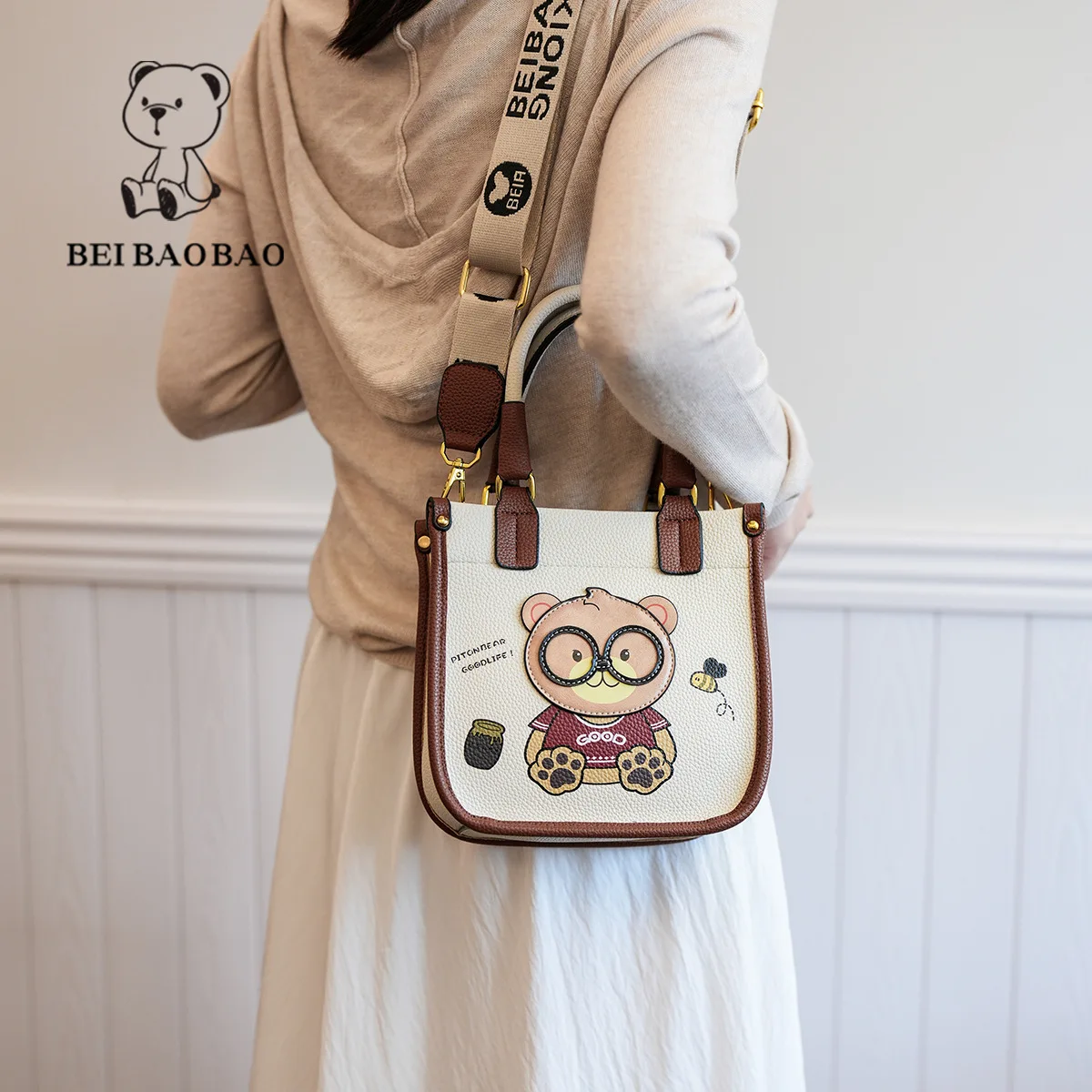 Beibaobao 2024 New Single Shoulder Crossbody Bag Leisure Bucket Bag Cartoon Bear Handheld Bag Fashion Women's Bag