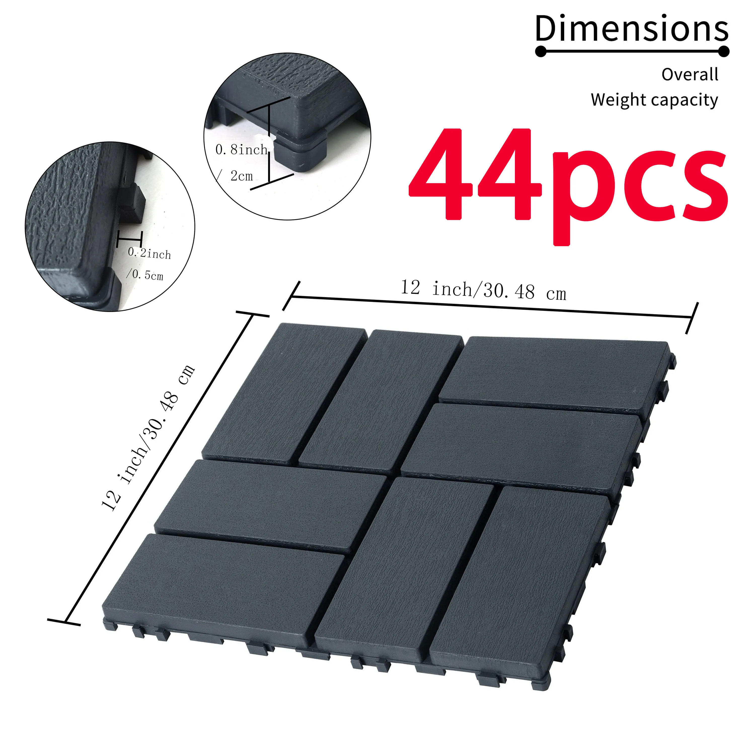 44 Pack Patio Deck Tiles, 12" x 12" Square Waterproof Outdoor All Weather Use, Plastic Interlocking Deck Tiles, Poolside Balcony