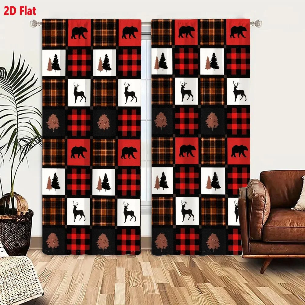 2Pcs Curtains 2D Flat Rustic Cabin Lumberjack Pattern Fabric Wallpaper with Bears Deer Trees & Plaid Checks in Black Red Brown W