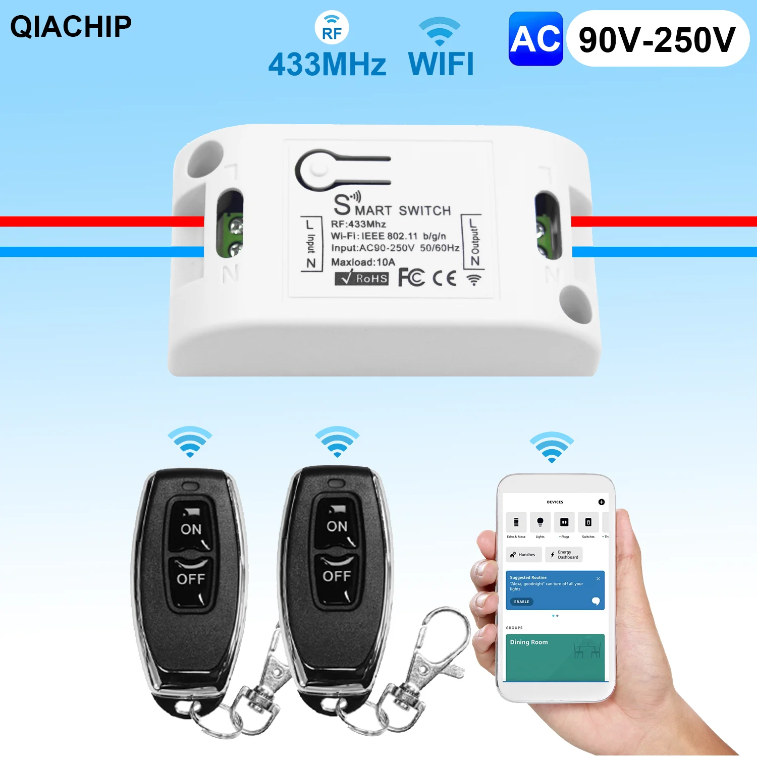 

QIACHIP Tuya Беспроводной Wi-Fi Умный переключатель переменного тока 110 В 220 В с 2 радиочастотными пультами 433 МГц 10 А Релейный модуль Голосовое управление Alexa Google Home