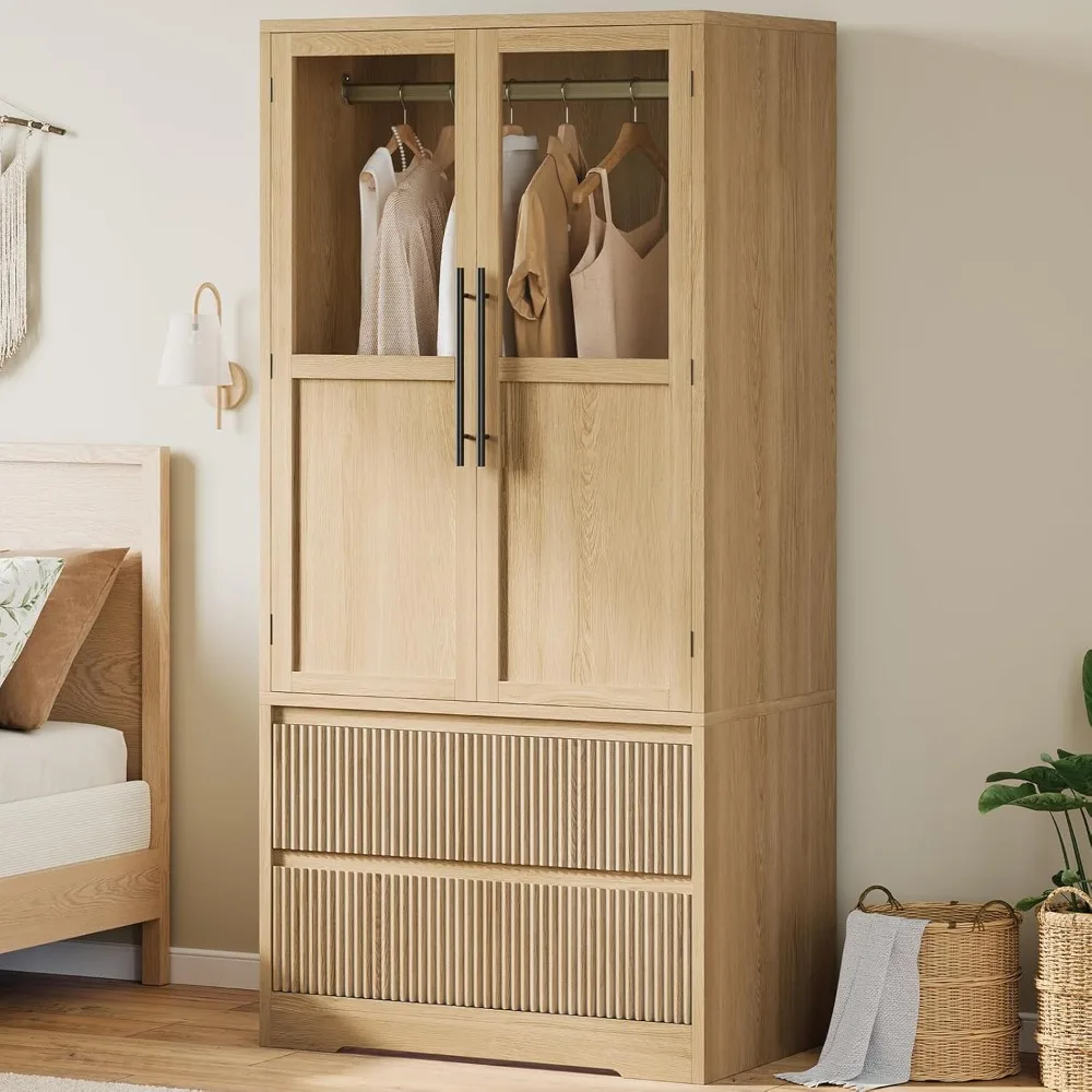 

Bedroom Wooden Armoire Wardrobe Closet, Freestanding Large Wardrobe Armoire Cabinet with Glass Doors and 2 Drawers, Shelves & H