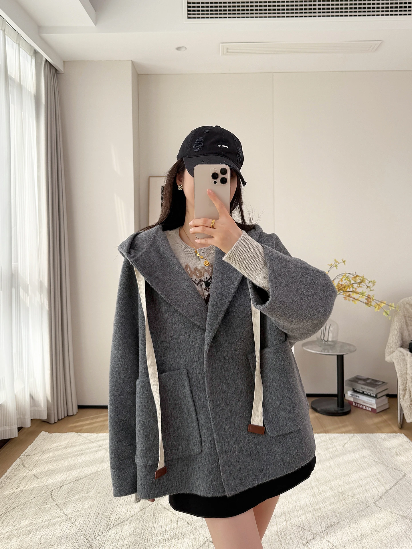 

Heavyweight Double-Faced Woolen Beautiful Materni Coat Women Loose Slimming Dstring V-Ne Jaet Commute Simple Sle