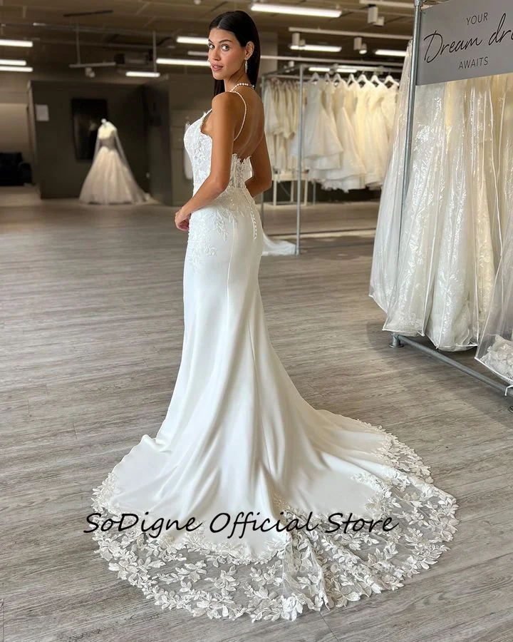 SoDigne Mermaid Satin Boho Wedding Dresses Sleeveless Strapless Appliques Bridal Dress Long Wedding Gown Custom Made ﻿