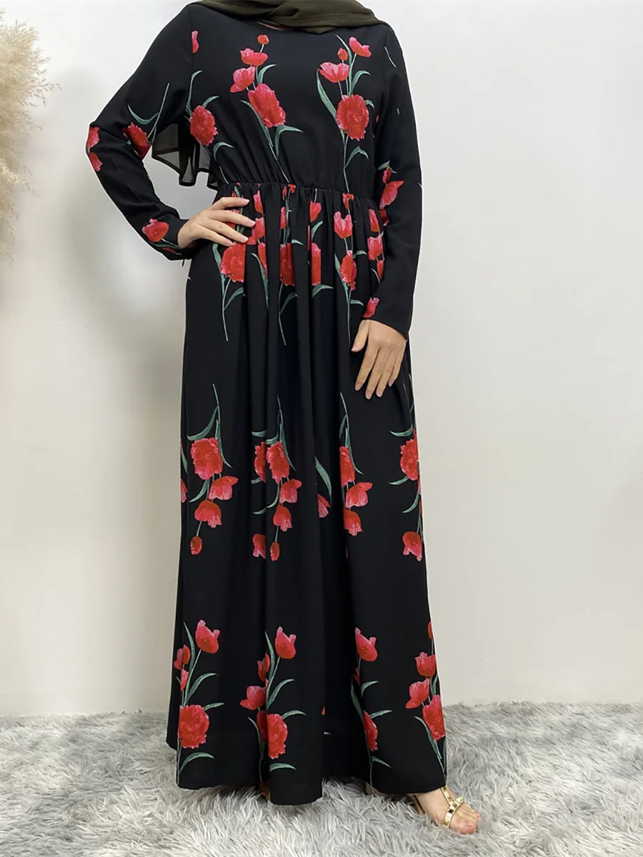 Vintage Long Sleeve Floral Printed Muslim Long Dress  Spring Dubai Turkey Abaya Hijab Dress Jilbab Islamic Clothing Robes