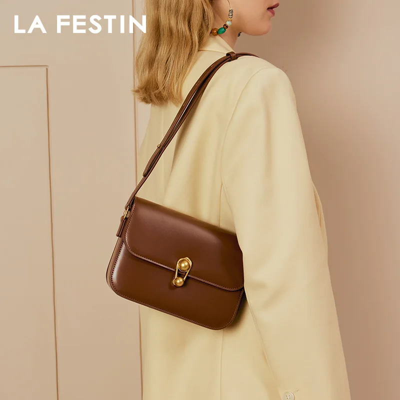 LA FESTIN-Bolsa de Ombro Quadrada Feminina, Bolsa Crossbody, bolsa de couro dividida, marca de luxo, nova moda, 2024